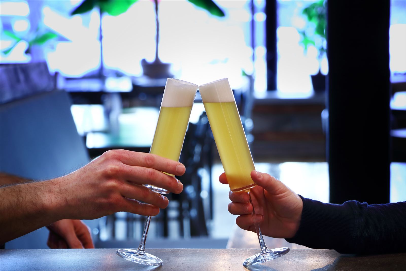 Two glasses raised in a toast at the bar